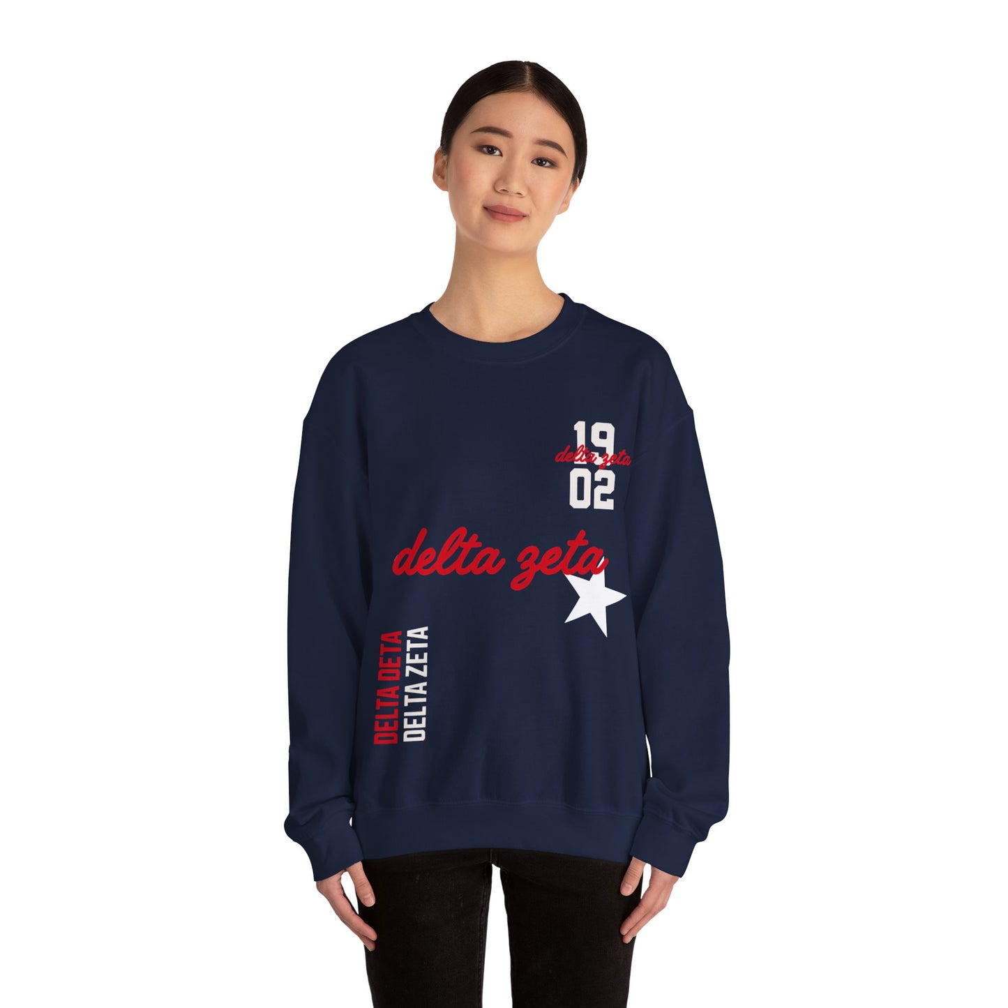 delta zeta navy and red crewneck
