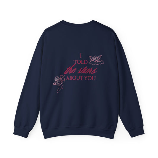 skyebysofia navy "I told the stars about you" crewneck with red stars