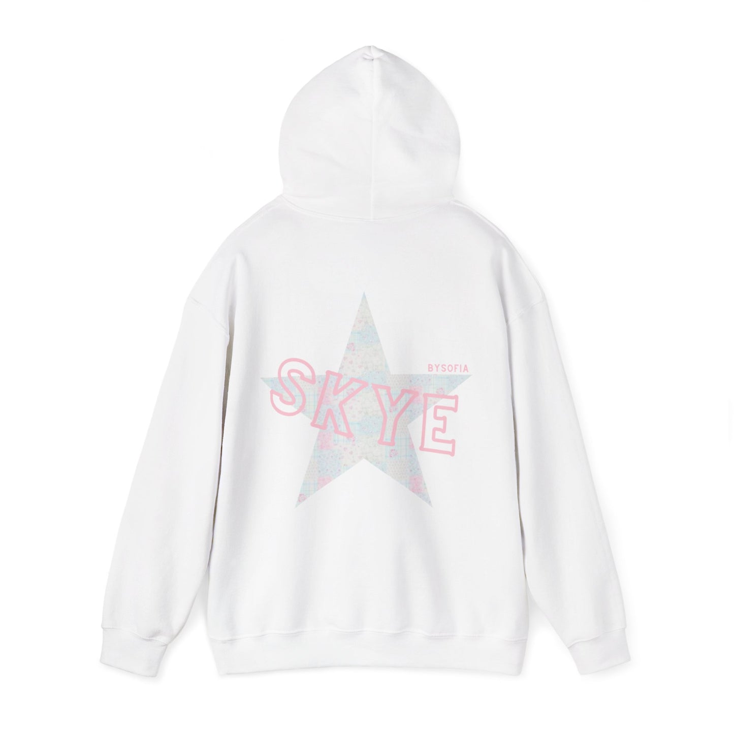 skyebysofia white hoodie with blue&pink star